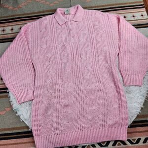 Yessica Vintage Pink Tinsel Collared Tunic Sweater 80's Women's Large Cottagecor